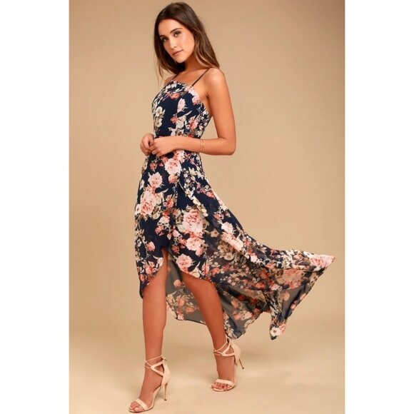 Lulus Dresses & Skirts - Lulus Womens Hi-Low Maxi Dress Floral Print Reflection Navy Blue Size Large
